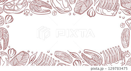 Frame design with line art style of meat, salmon fish, garlic, tomato, pepper and herbs on white background. Perfect for restaurant advertising flyer and grocery package design. Frame design with line art style of meat, salmon fish, garlic, tomato, pepper and herbs on white background. Perfect for restaurant advertising flyer and grocery package design. 129783475
