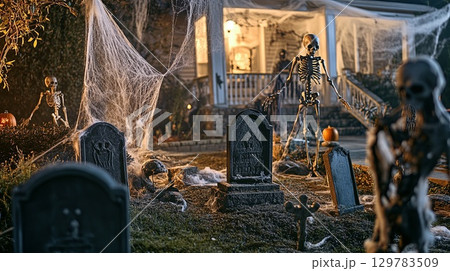 A spooky front yard decorated with cobwebs, tombstones, and skeletons . 129783509