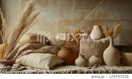 Abstract clay and fabric forms in a cozy fall studio setting . 129783526