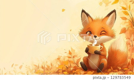 Baby fox sipping tea, autumn background, space for text. . 129783549