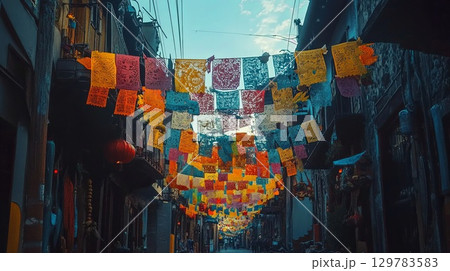 Bright papel picado hanging above a street during celebration . 129783583