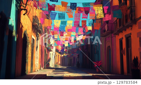Bright papel picado hanging above a street during celebration . 129783584