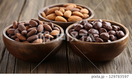 Chocolate-covered almonds and nuts in rustic bowls . 129783597