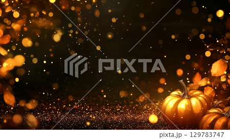 Dark autumn background with pumpkins glowing under soft fairy lights . 129783747