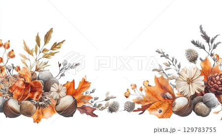 Elegant autumn border with clusters of acorns, chestnuts, and dried flowers, perfect for fall designs . 129783755