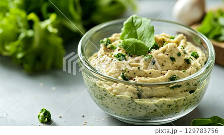 Elegant lunch frame with greens and dips . 129783756