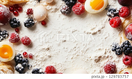 Elegant pastry frame with flour, eggs, and berries . 129783757