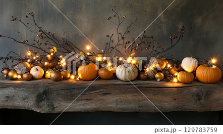 Fall arrangement with twinkle lights and pumpkins on aged wood . 129783759