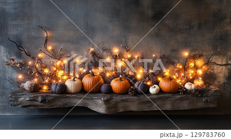 Fall arrangement with twinkle lights and pumpkins on aged wood . 129783760