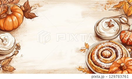 Fall baking with pumpkin pies and cinnamon rolls, rustic setting, space for text. . 129783761