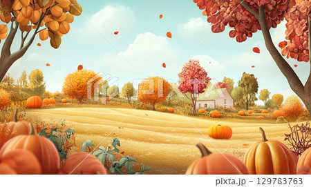 Fall trees and pumpkin patch, quiet countryside, space for text. . 129783763