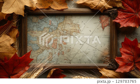 Fallen autumn leaves and wheat ears framing a vintage map . 129783765