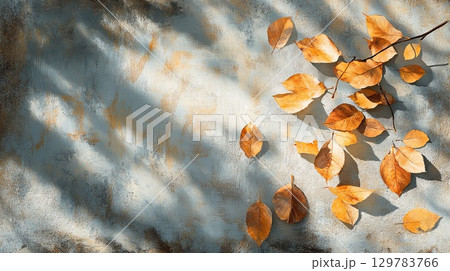 Fallen golden autumn leaves, with soft shadows on a weathered stone surface . 129783766