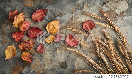 Fallen leaves in warm shades of red and gold, surrounding wheat ears on a stone surface . 129783767