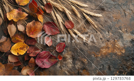 Fallen leaves in warm shades of red and gold, surrounding wheat ears on a stone surface . 129783768