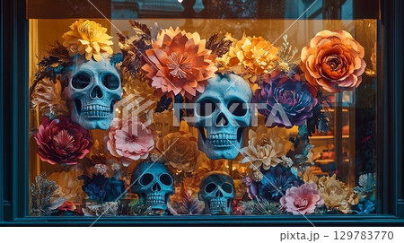 Festive shop window with skulls and paper flowers . 129783770