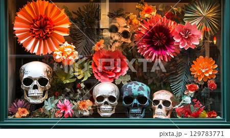 Festive shop window with skulls and paper flowers . 129783771
