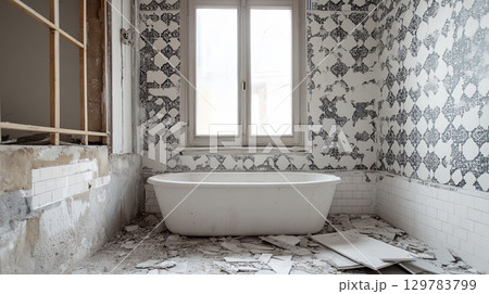 Full bathroom renovation with demolition of old tiles . Full bathroom renovation with demolition of old tiles . 129783799