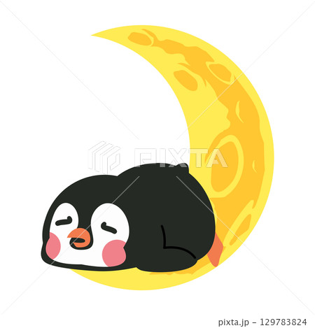 Cartoon Penguin Sleeping on the Moon 129783824