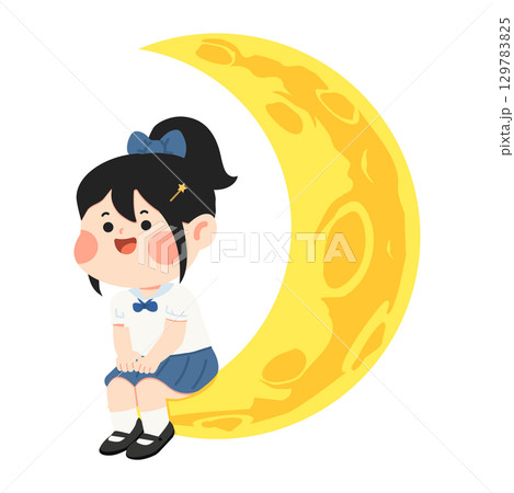 Cartoon Girl Sitting on Crescent Moon Illustration Cartoon Girl Sitting on Crescent Moon Illustration 129783825