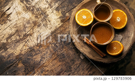Hot apple cider with a cinnamon stick and orange slices, placed on a rustic table. . 129783906