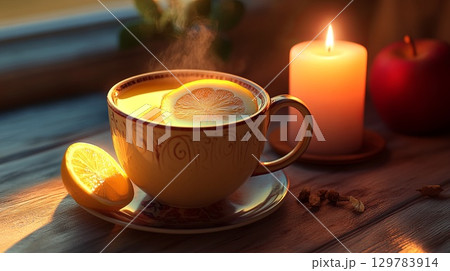 Hot spiced apple toddy with a slice of lemon and a glowing candle. . 129783914