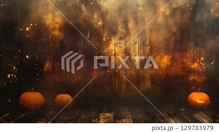 Magical glowing Halloween backdrop with pumpkins and wood texture . 129783979