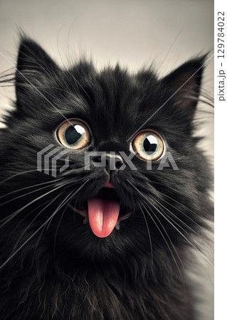 Black Cat Portrait. A funny and fluffy black cat with wide eyes and tongue out. A striking monochrome portrait with high detail. 129784022