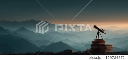 Corporate vision of success is symbolized by telescope on books with misty mountain layers 129784271