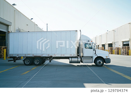 Refrigerated truck parked at distribution center with pallets visible 129784374