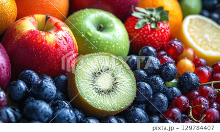 vibrant assortment of fresh fruits, including apples, kiwi, berries, and citrus, showcasing health and well being with their natural colors 129784407