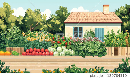 vibrant vegetable garden with lush greenery, colorful produce, and cozy house in background, promoting healthy and sustainable living vibrant vegetable garden with lush greenery, colorful produce, and cozy house in background, promoting healthy and sustainable living 129784510