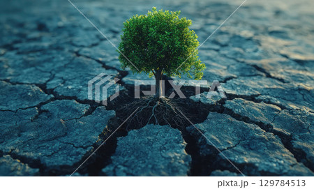 resilient evergreen tree grows vibrantly amidst cracked, dry soil, symbolizing hope and perseverance in harsh conditions 129784513