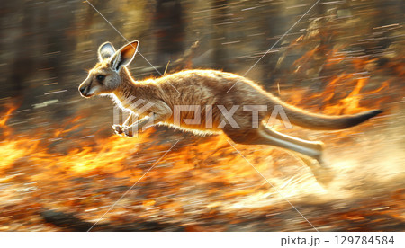 Kangaroo hopping through fire ravaged bushland, showcasing dynamic movement and resilience Kangaroo hopping through fire ravaged bushland, showcasing dynamic movement and resilience 129784584