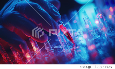 Hands working with pipette in laboratory setting, conducting drug research with vibrant colors and glowing test tubes 129784585