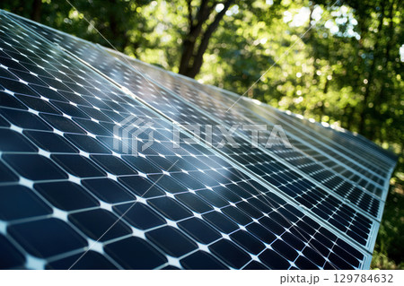 Solar panels harnessing renewable energy in lush forest setting, showcasing sustainable technology and environmental harmony Solar panels harnessing renewable energy in lush forest setting, showcasing sustainable technology and environmental harmony 129784632