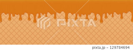 Abstract Caramel Drip on Waffle Texture in a Sweet Themed Design Abstract Caramel Drip on Waffle Texture in a Sweet Themed Design 129784694