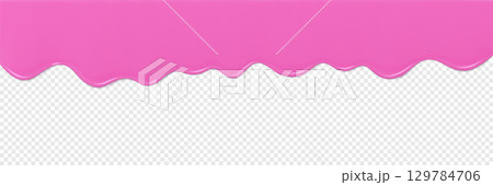 Dripping Pink Icing. Bright glaze, syrup, cream, sauce or paint drip. Glossy jelly dessert flow texture. Flowing yogurt. Realistic 3d vector border 129784706