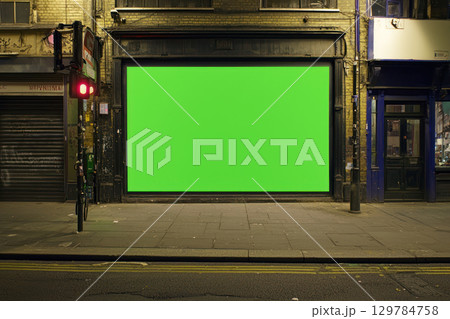 vibrant green screen billboard on London street at night, ready for custom content, surrounded by urban architecture and dim street lighting 129784758