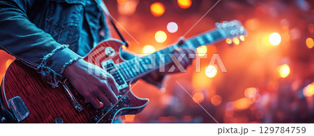 guitarist playing electric guitar on stage with vibrant lights in background, creating energetic atmosphere 129784759