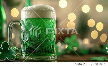 Frothy green beer mug at festive celebration with bokeh lights 129784833