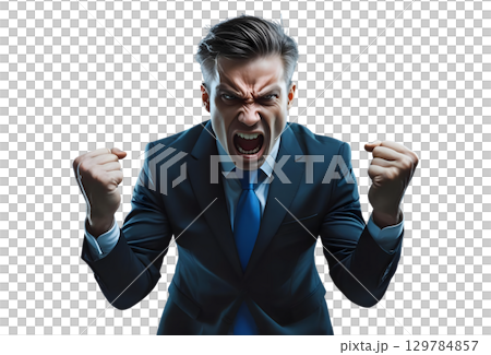 Businessman screaming with hands clasped 129784857