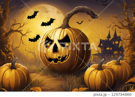 金色のハロウィンカボチャのイラスト壁紙 129784860