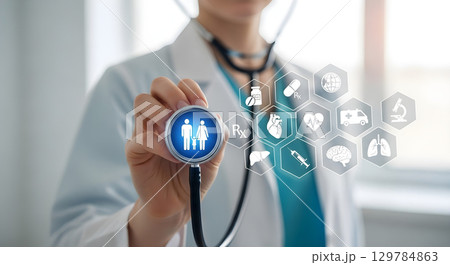 A doctor using a stethoscope, with health and...のイラスト素材 [129784863] - PIXTA