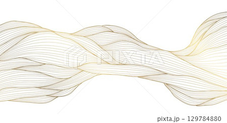 Vector golden line wave on white background, abstract luxury curve premium banner, flow shape. Sea, ocean japanese style elegant illustration. 129784880