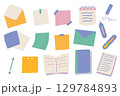 Modern paper notes on stickers vector illustration set. Office notepapers and information board in flat hand drawn style. Paper sheets form notepad isolated collection of sticky notes 129784893