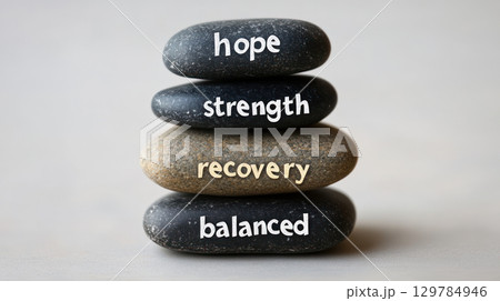 Stacked smooth stones with words hope, strength, recovery, and balanced symbolize wellness and emotional healing in calm setting 129784946