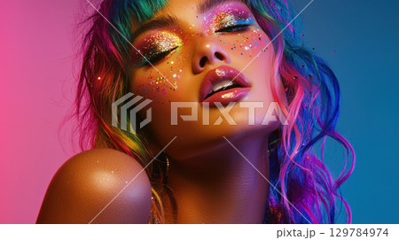 Glamorous person with rainbow hair and sparkling makeup, exuding confidence and pride 129784974