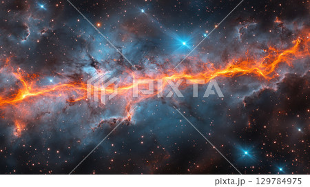 Fiery orange cosmic ribbon stretches across dark blue space filled with glowing stars and bright light flares, evoking sense of vast energy 129784975