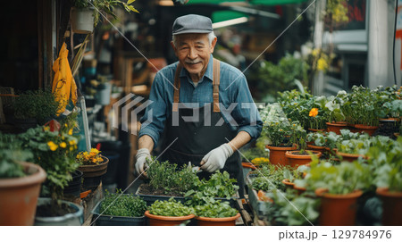 Happy elderly man gardening in small urban backyard surrounded by potted plants and flowers, enjoying his peaceful hobby outdoors 129784976